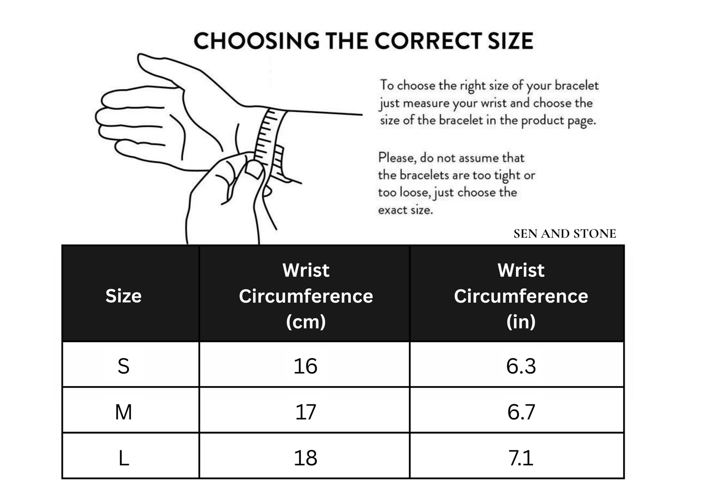 Instructions for choosing the correct size bracelet with a diagram of a hand and wrist measurement, and a size chart.