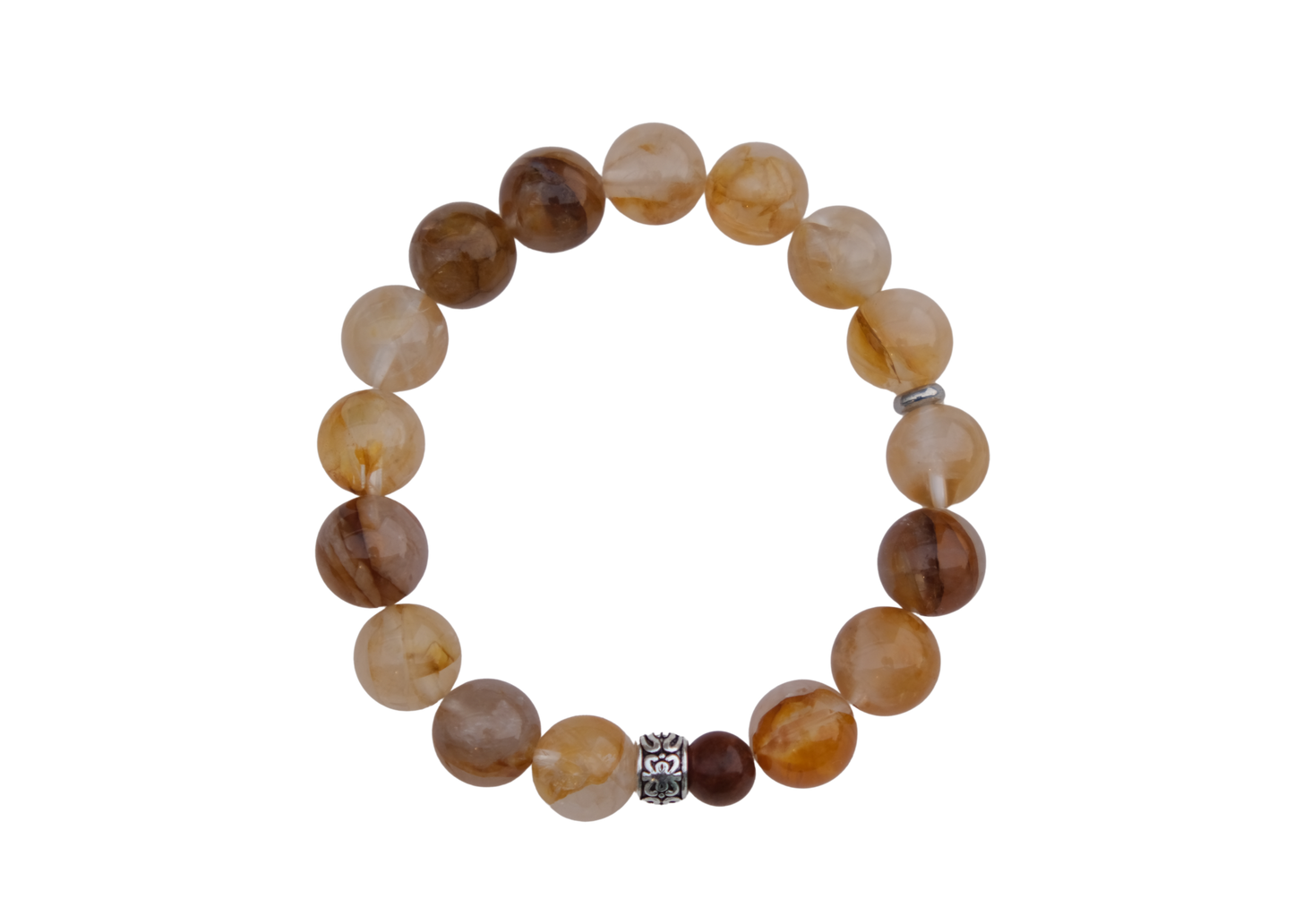 Beaded bracelet with brown and beige stones on a white background