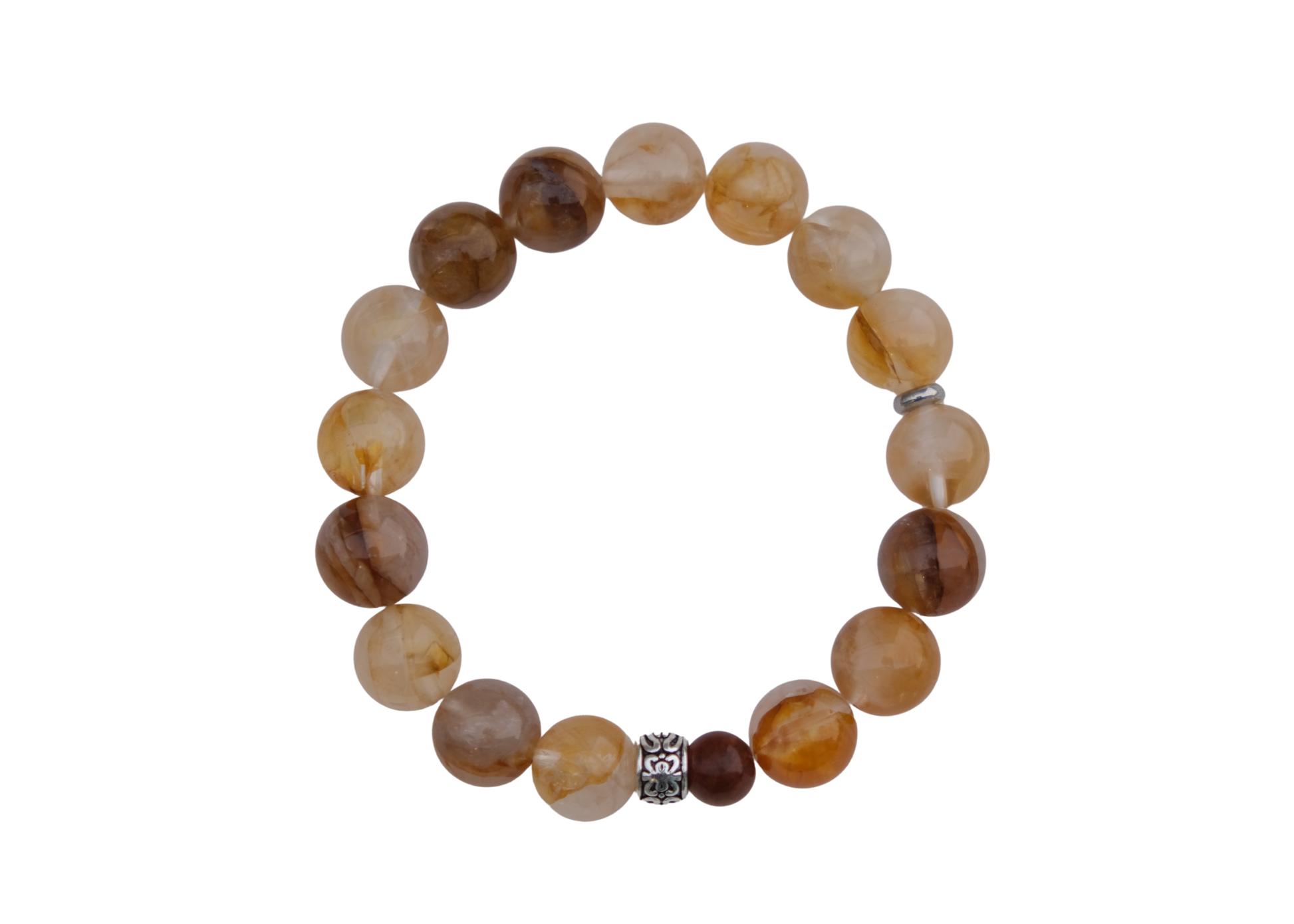 Beaded bracelet with brown and beige stones on a white background