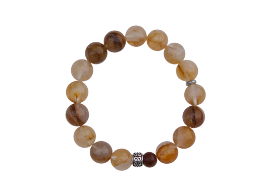 Beaded bracelet with brown and beige stones on a white background
