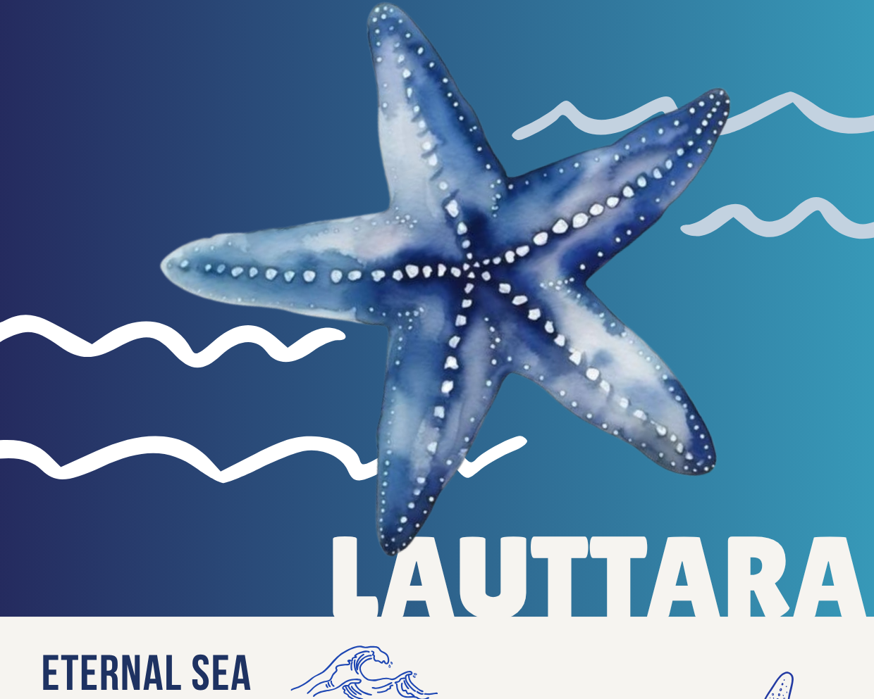 Starfish design with 'Lauttara' branding and ocean-themed text on a blue background