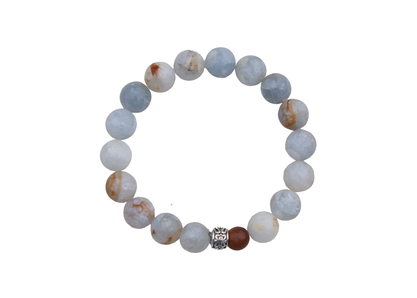 Beaded bracelet with white, brown, and gray stones on a white background