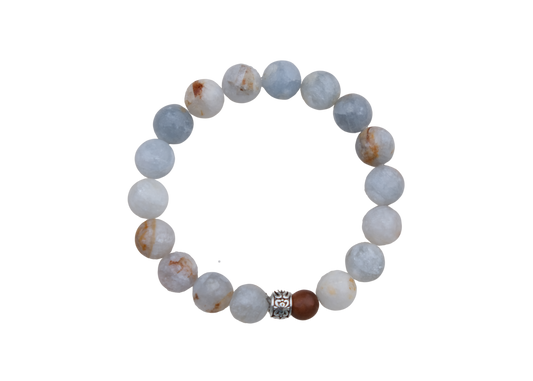 Beaded bracelet with white, brown, and gray stones on a white background