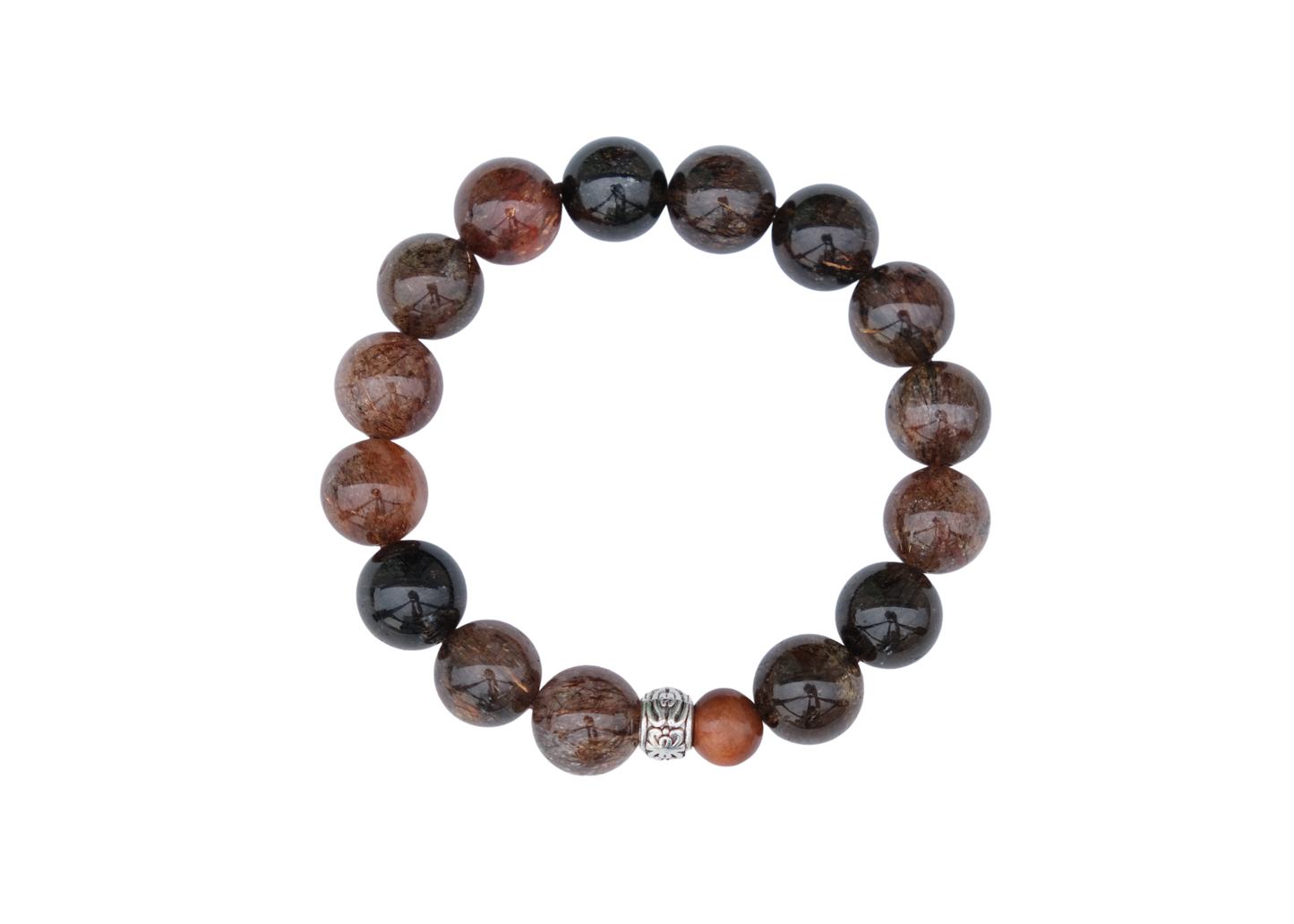 Beaded bracelet with brown and black stones on a white background