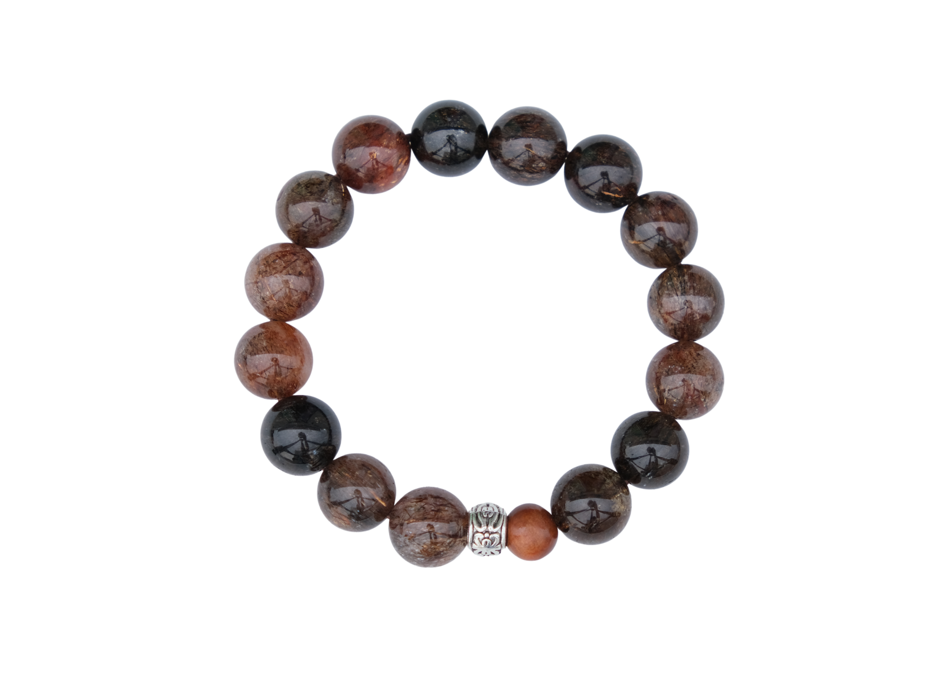 Beaded bracelet with brown and black stones on a white background