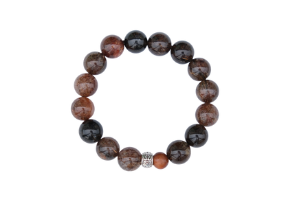 Beaded bracelet with brown and black stones on a white background