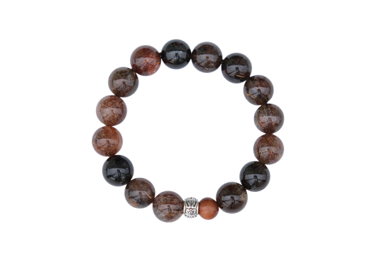 Beaded bracelet with brown and black stones on a white background