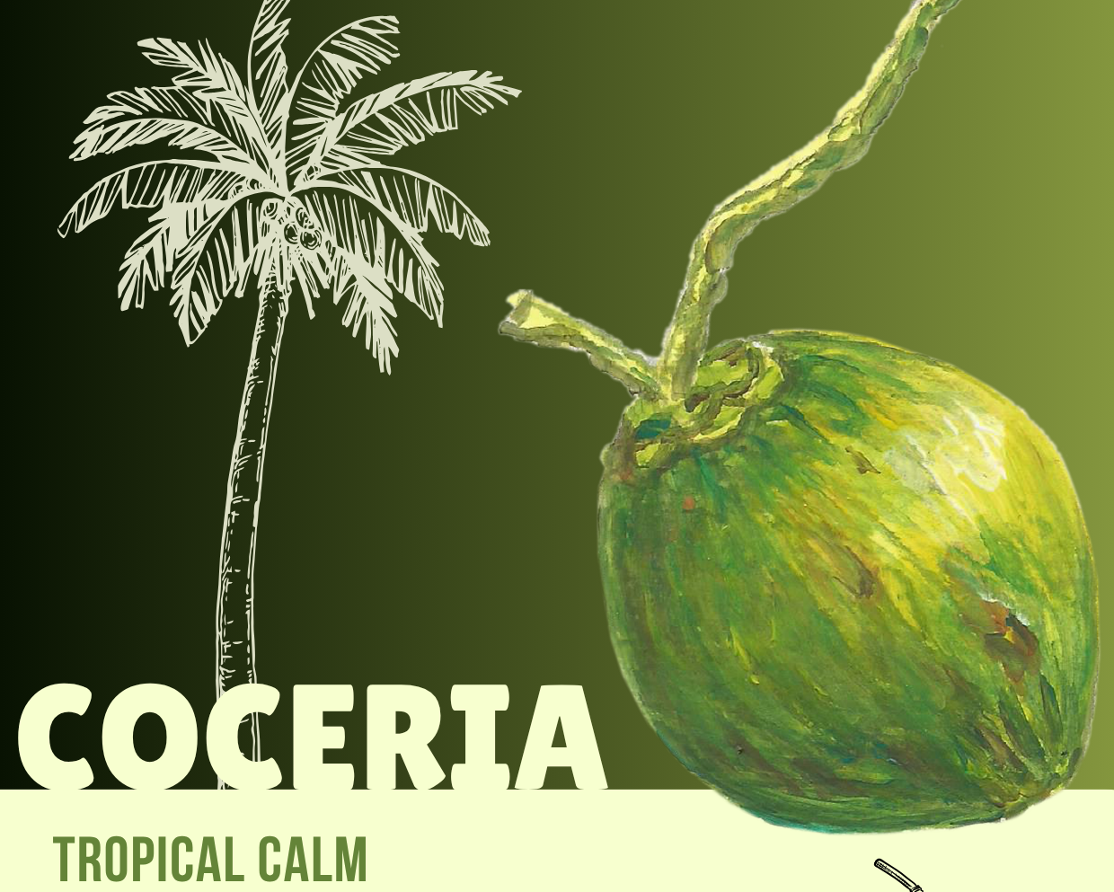Coaster with coconut design and text about 'Coceria' scent, featuring a palm tree and green opal moonstone.