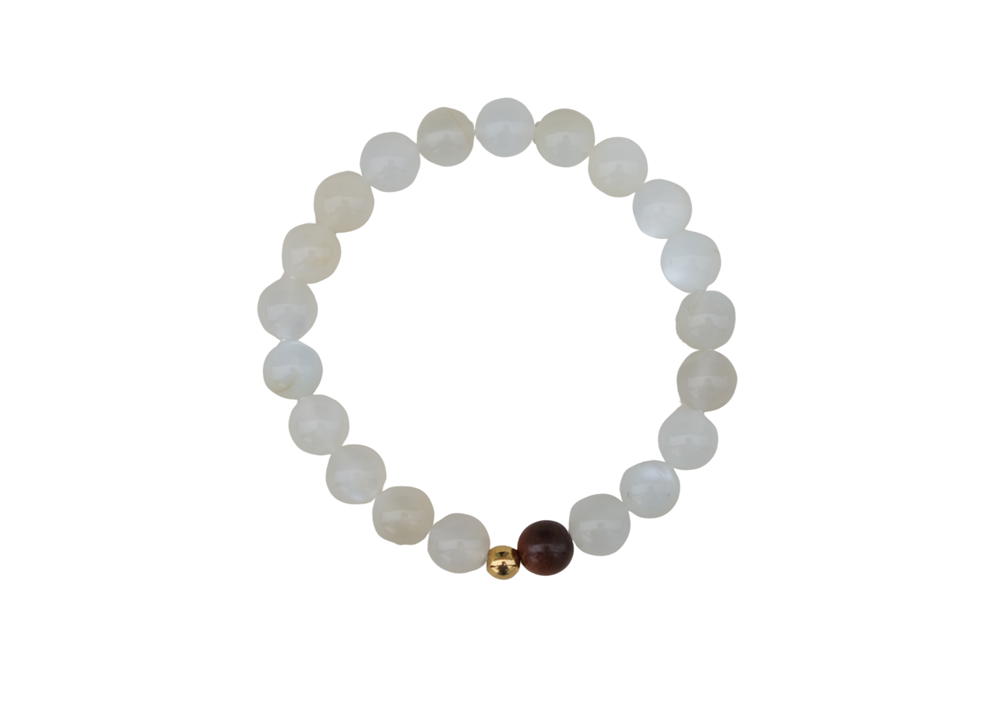 Beaded bracelet with white, gold, and brown beads on a white background