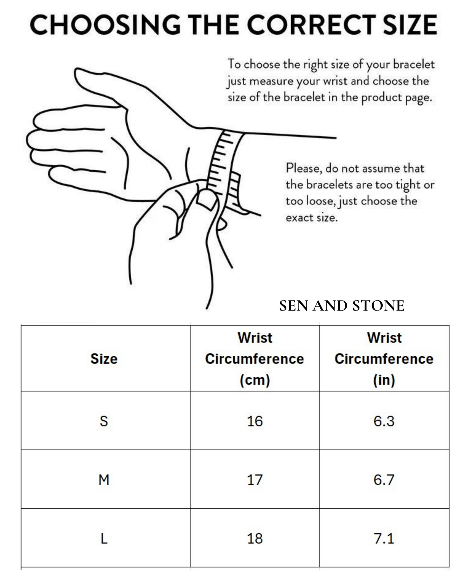 Bracelet size chart with wrist measurement guide and Sin and Stone branding.