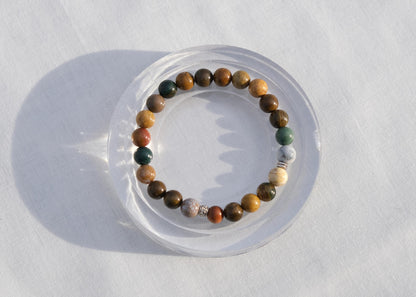 Multicolored beaded bracelet on a white background