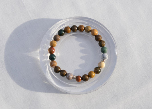 Multicolored beaded bracelet on a white background
