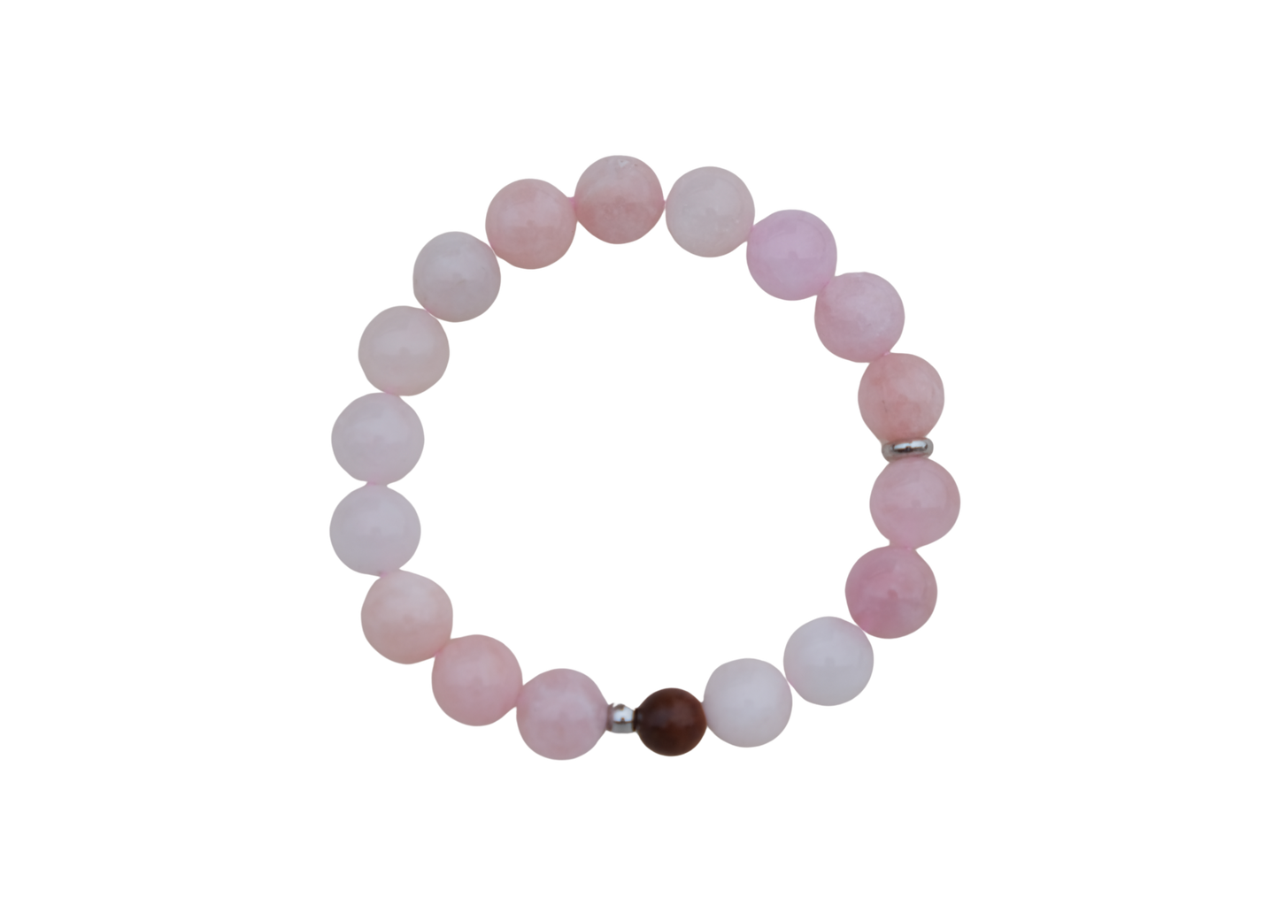 Beaded bracelet with pink and white beads on a white background