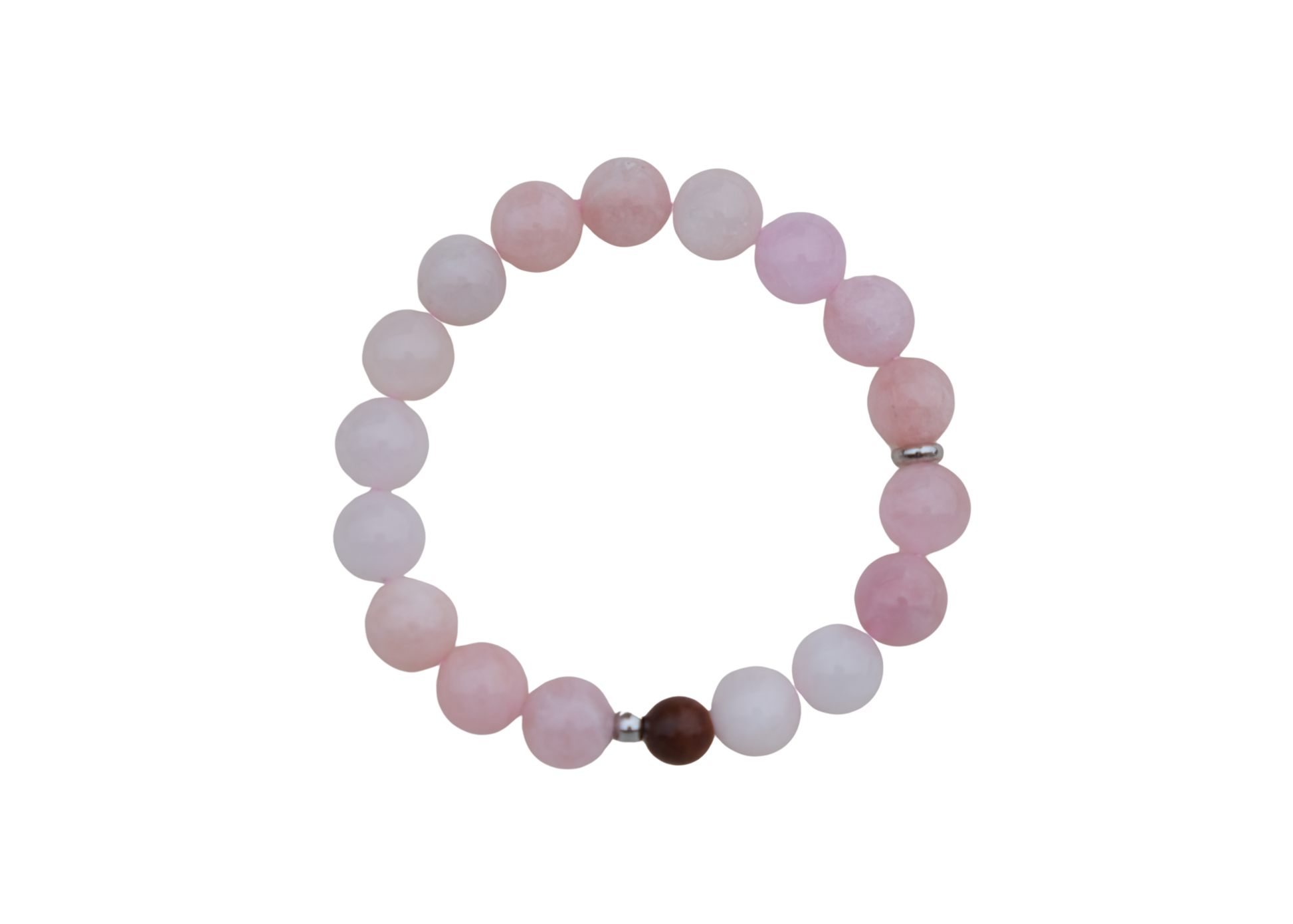 Beaded bracelet with pink and white beads on a white background