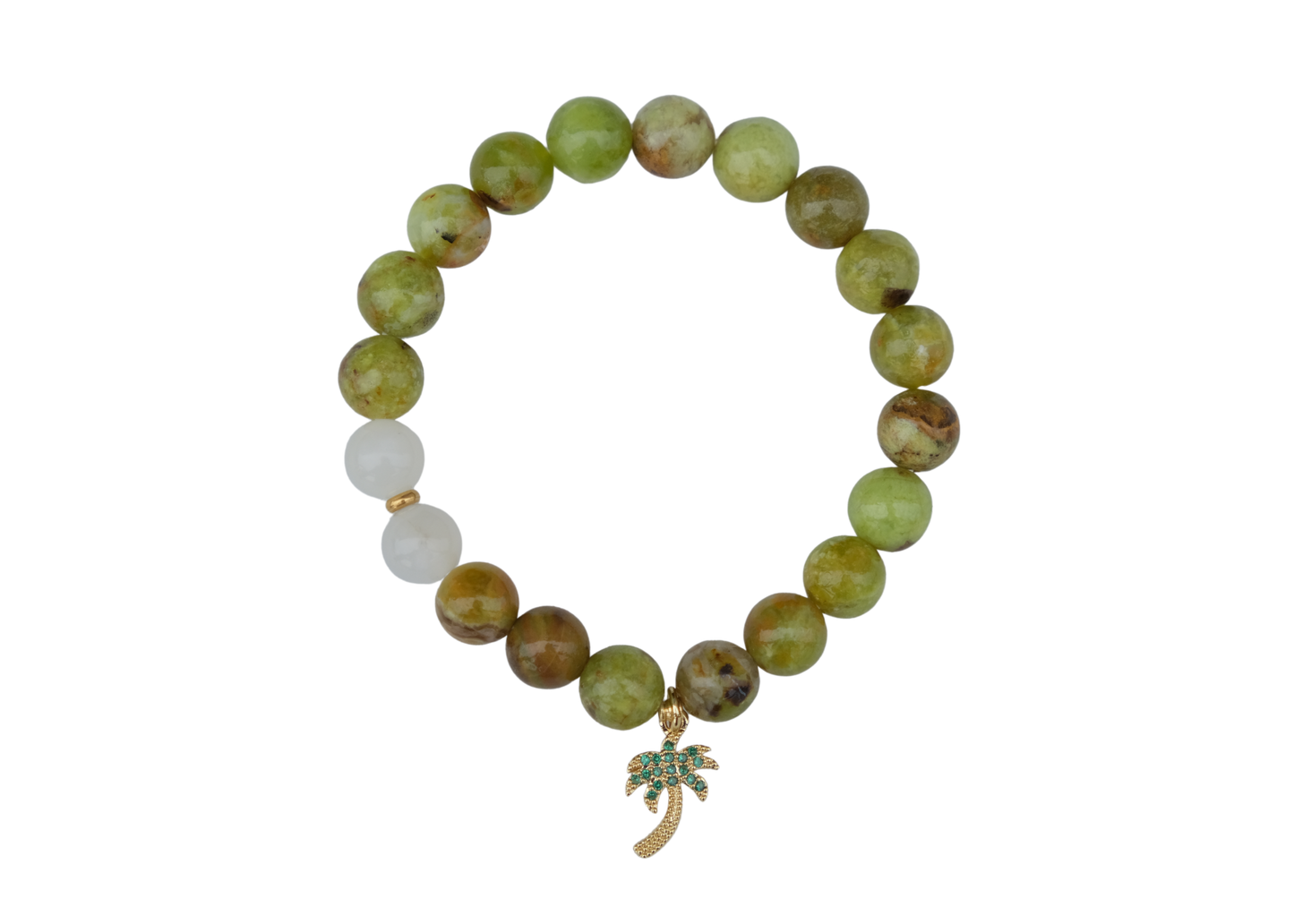 Beaded bracelet with a green leaf charm on a white background